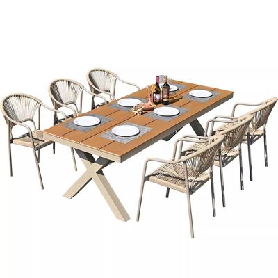 Outdoor Courtyard Villa Chairs and Tables Garden Open-Air Balcony Leisure Rattan Dining Furniture Set with Plastic Wood Table