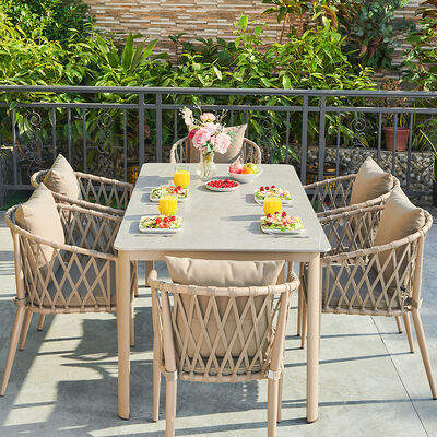 Commercial Outdoor Dining Set with Sintered Stone Tabletop UV-Resistant Rope Weaving and Powder-Coated Aluminum Frame